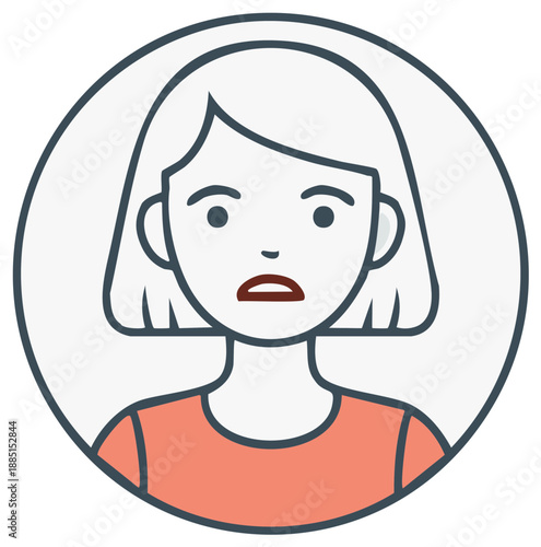 Simple cartoon portrait of a woman with a worried expression in a circular frame