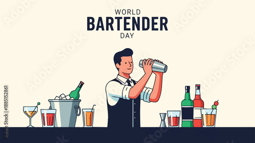 Bartender in vest shaking cocktail behind bar with drinks, bottles, ice, beige background