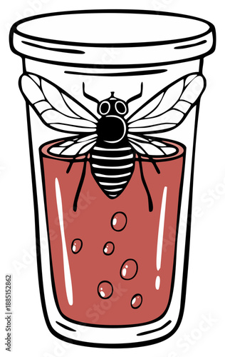 Illustration of a fly trapped in a jar of jam with bubbles