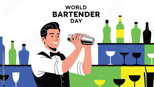 bartender in vest shaking cocktail with bottles and glasses, blue green bar background