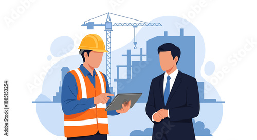 Construction worker and businessman discussing project plans on tablet.