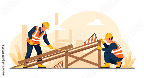 Construction workers assembling a wooden barrier on a site.