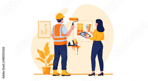 Construction worker and woman choosing paint colors for wall renovation.