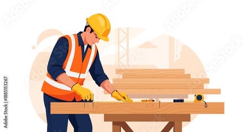 Carpenter working with wood on a construction site.