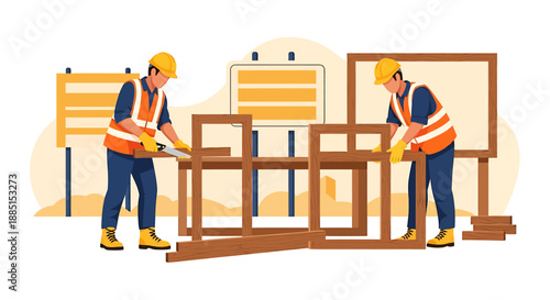 Construction workers assembling wooden frames on a site.