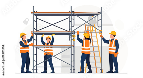 Construction workers assembling scaffolding on a white background.