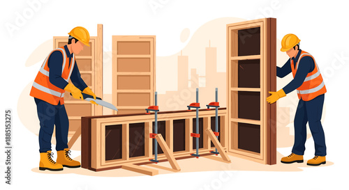 Construction workers assembling wooden frames for building.