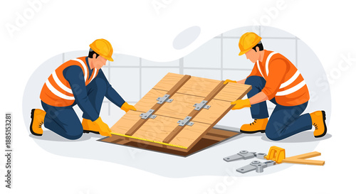 Construction workers assembling wooden pallet for logistics.