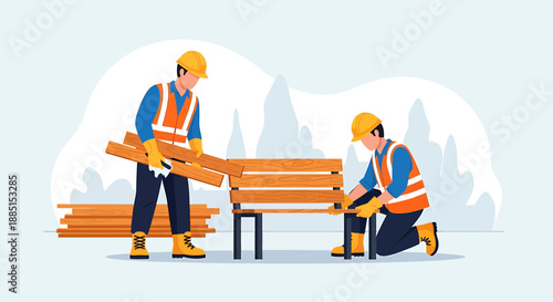 Construction workers assembling wooden structure outdoors.