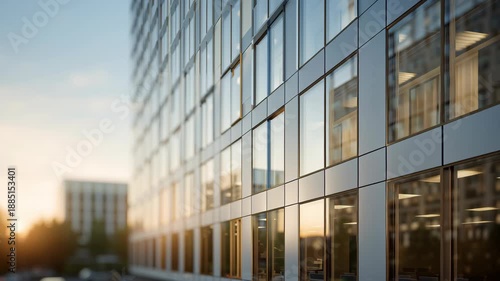 Modern glass office building facade at sunrise as the camera tilts up, reflecting golden hour light and city skyline, conveying corporate real estate, finance growth and success concept