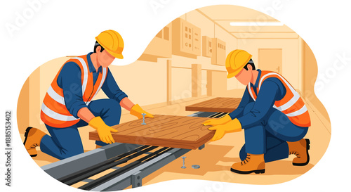 Construction workers in hard hats and safety vests moving materials.