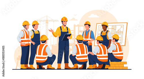 Construction workers in safety vests and hard hats gathered for a meeting.