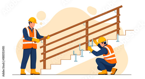 Construction workers installing a new staircase railing.