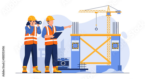 Construction workers inspecting building progress with camera and clipboard.