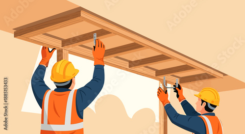 Construction workers installing ceiling panels indoors.