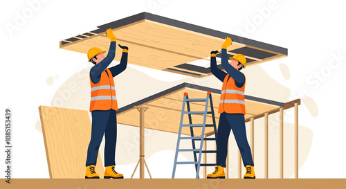 Construction workers installing ceiling panels on a building site.