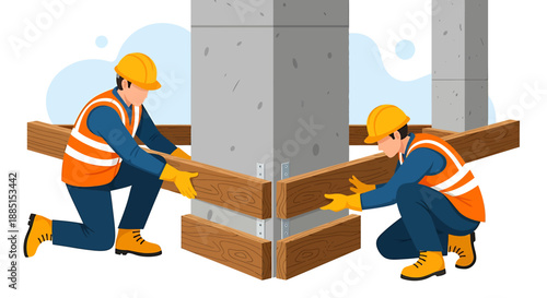 Construction workers installing concrete formwork around pillar.