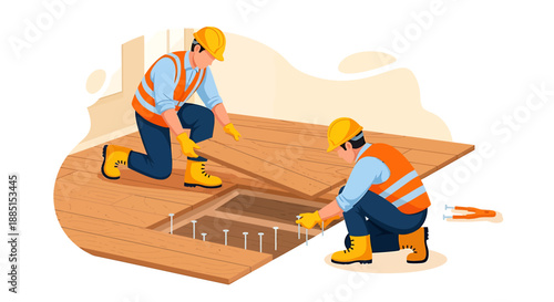 Construction workers installing flooring panels on a building site.