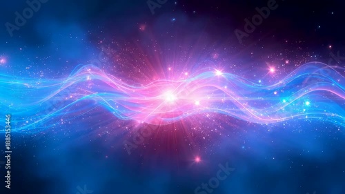 Flowing blue and pink energy waves meeting at bright central light point in space