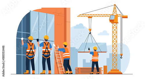 Construction workers installing glass panels on modern building exterior.