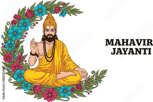 Lord Mahavir meditating in decorative floral crescent for Happy Mahavir Jayanti celebration, Jain religious festival vector illustration with teal and pink flowers.