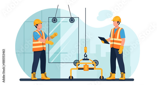 Construction workers installing large glass panel with crane.