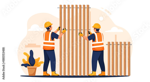 Construction workers installing wooden fence panels together.