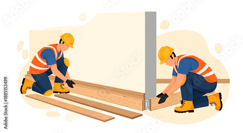 Construction workers installing wooden baseboards in a room.