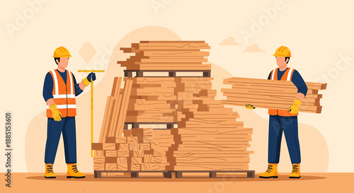 Construction workers with stacks of lumber at a site.