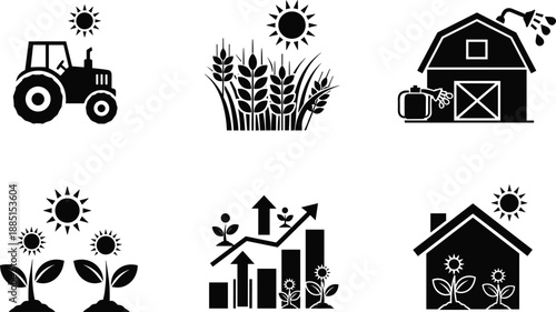 Collection, of, black, agriculture, icons, featuring, tractors, wheat, fields, barns, sunflowers, and, growth, charts, for, smart, farming, and, agribusiness, design.