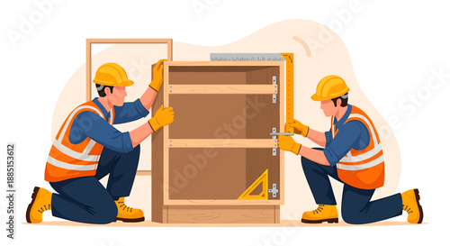 Two construction workers assembling a cabinet together on a white background.