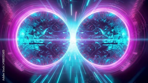 Symmetrical glowing twin energy spheres emitting neon light beams on dark futuristic background