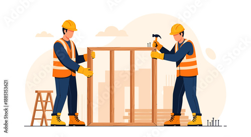 Two construction workers assembling a wooden frame structure together.
