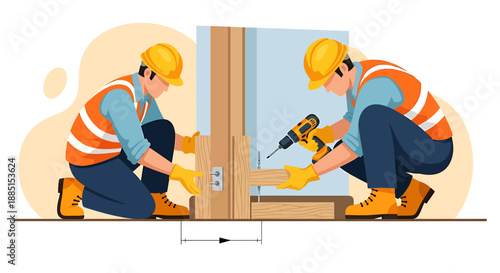 Two construction workers assembling a wooden structure with tools.