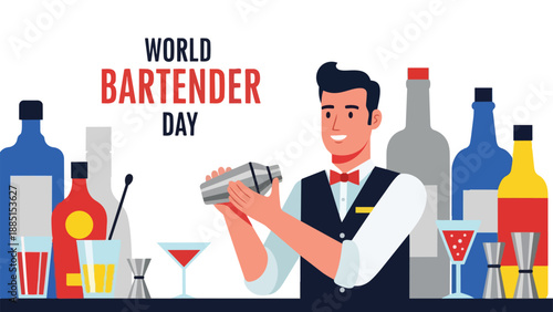 bartender shakes cocktail with bottles and glasses on orange red festive background