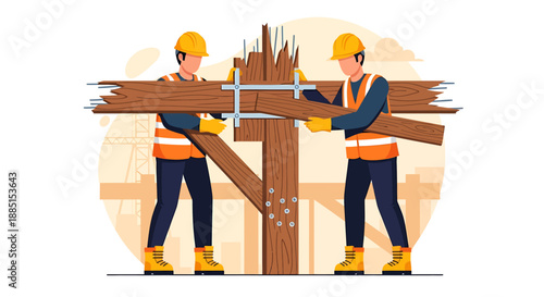 Two construction workers assembling wooden beams on a site.