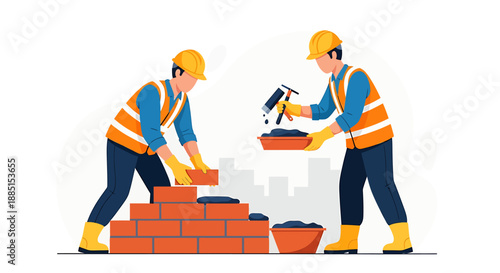 Two construction workers building a brick wall together.