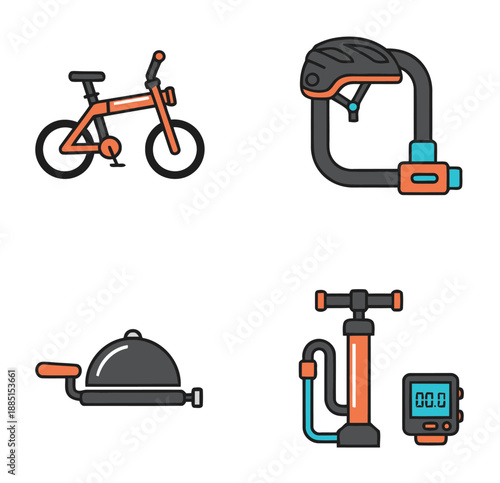 Urban cycling and bicycle maintenance icons featuring a folding bike, safety helmet with U-lock, bike repair stand with tool and portable air pump with digital tire pressure gauge