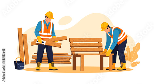 Two construction workers building a wooden bench outdoors.