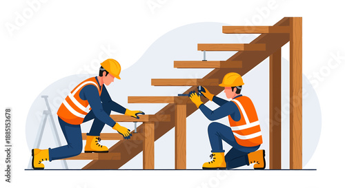 Two construction workers building wooden stairs together on a site.