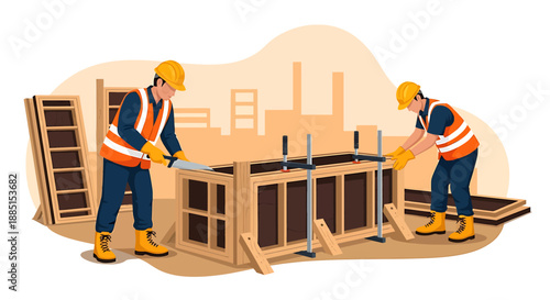 Two construction workers building a wooden structure together.