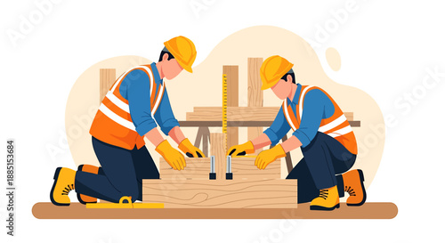 Two construction workers collaborating on a wooden structure project.