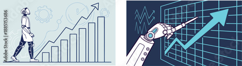 Modern robotics and artificial intelligence business background with glowing gear icons and futuristic data growth concept