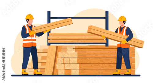 Two construction workers carrying wooden planks at a lumber yard.