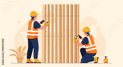 Two construction workers installing wooden slats on a wall.