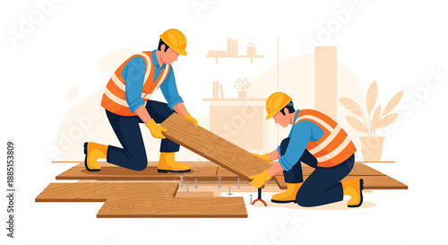 Two construction workers installing wooden floor planks indoors.