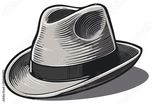 Classic Grey Fedora Hat with Black Band Stylized Vintage Illustration