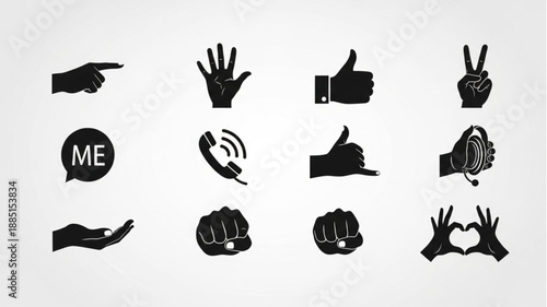 Collection of Black Hand Gestures and Icons on White Background.