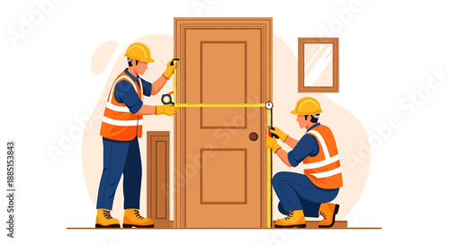 Two construction workers measuring a wooden door for installation.