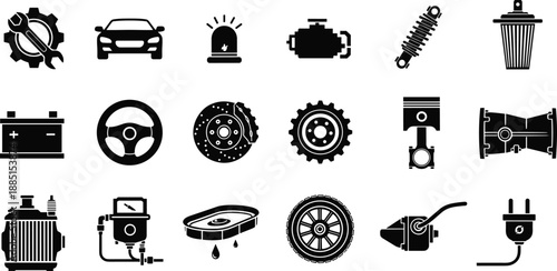 Collection, of, black, automotive, icons, featuring, gears, car, engines, tires, batteries, steering, wheels, brakes, pistons, shock, absorbers, and, garage, tools.